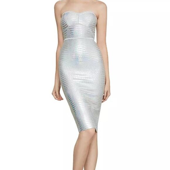 BCBGMaxAzria Dresses & Skirts - BCBGmaxazria Strapless Dress S Silver Metallic Holograph Faux Croc Bodycon Glam